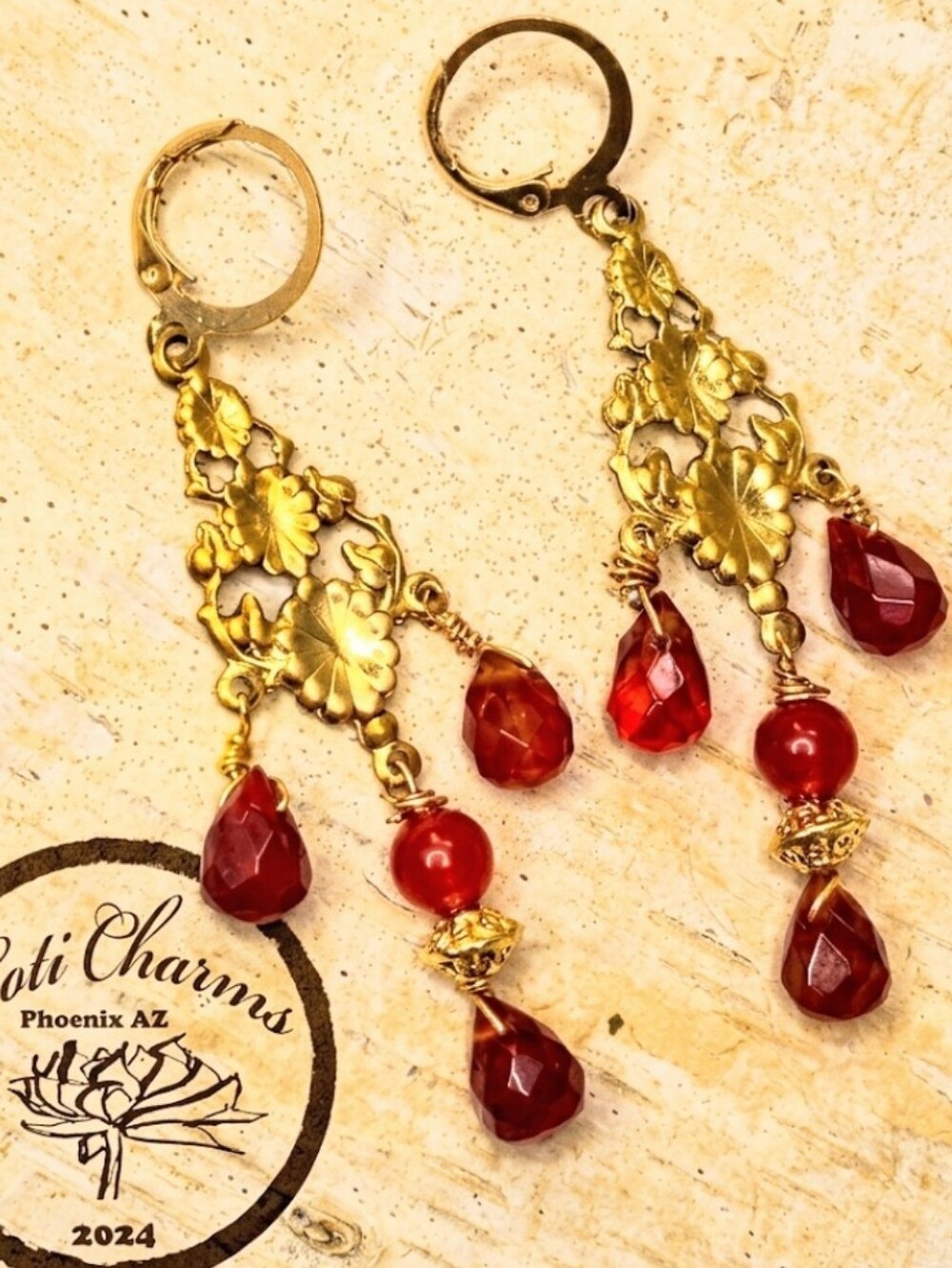 Victorian Natural Carnelian In Opulent Artisan Chandelier Gold Plated Earrings